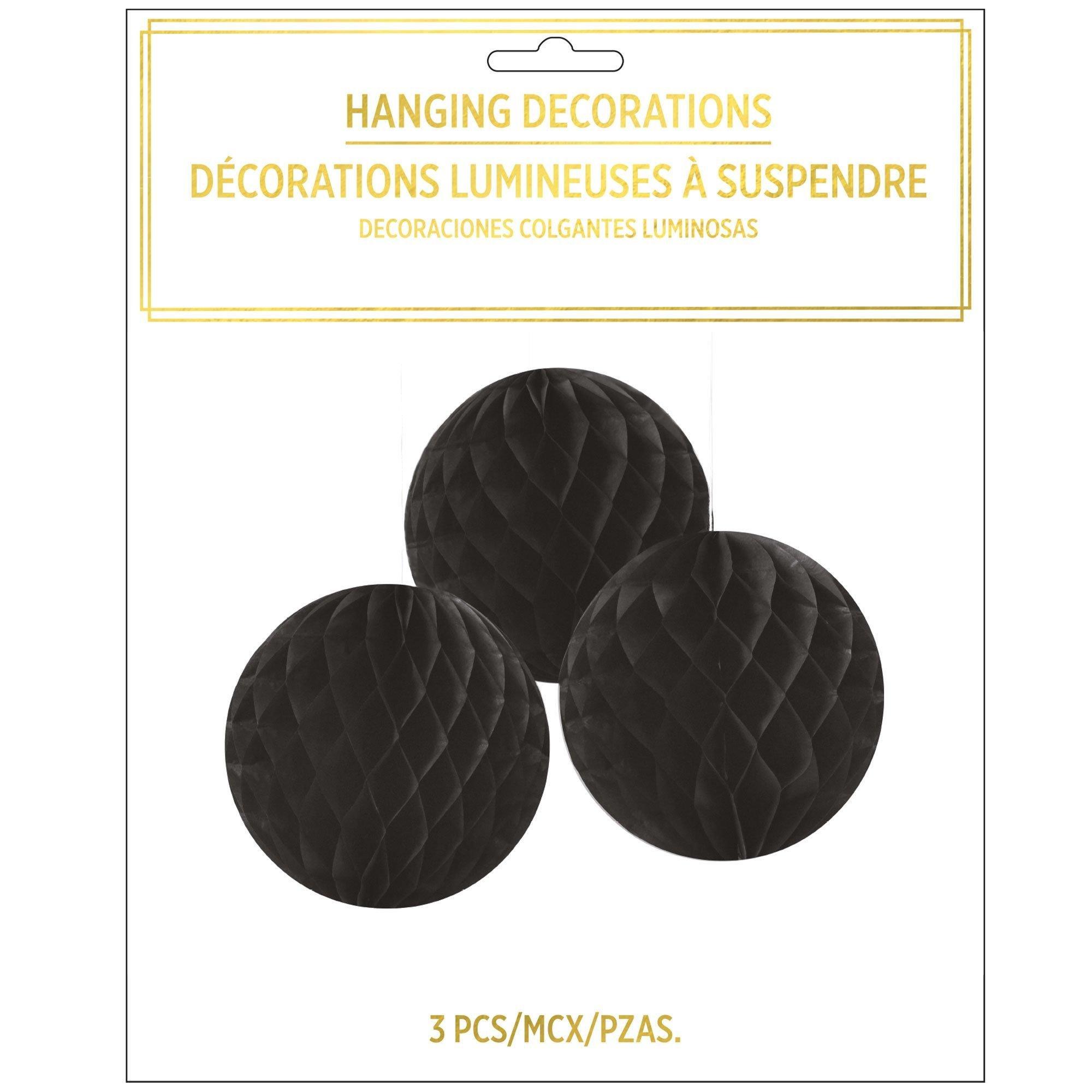 Black Honeycomb Hanging Decorations, 10in, 3pc